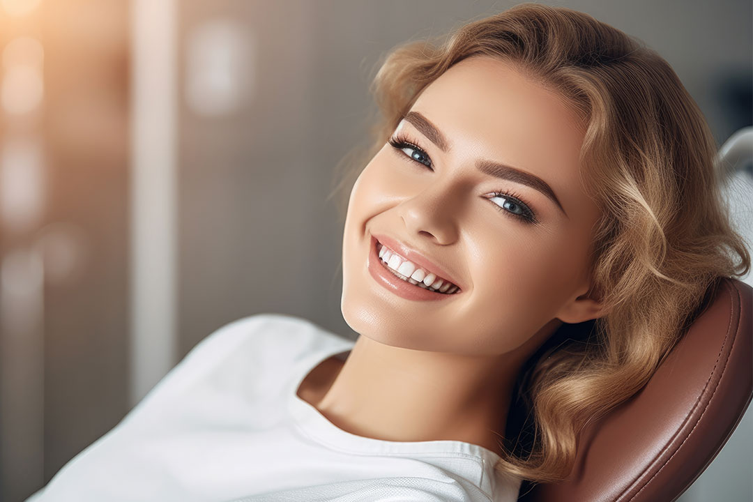 Smiling woman in dental chair, showcasing teeth whitening service.