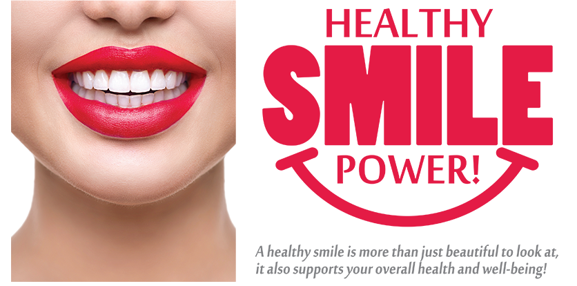The image is a promotional graphic for a business named  Smile Smile Power,  which provides healthy smile services. It features a close-up of a person s face with red lipstick and the text  HEALTHY SMILE POWER  in bold, capitalized letters.